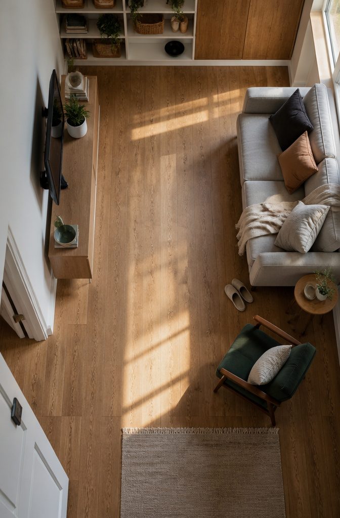 Family room seating arranged around an open walkway across the floor