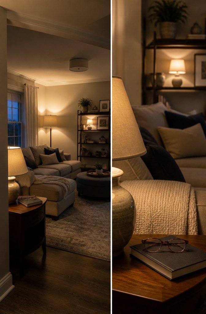 Floor lamp behind a sofa and table lamp beside it in a family room