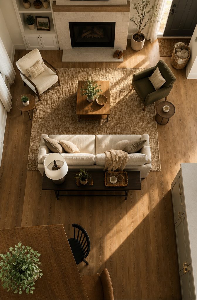 L-shaped sectional tucked into a corner with an open walkway nearby