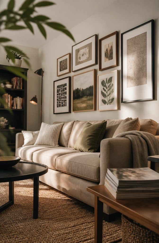 Gallery wall of framed art arranged above a sofa in a family room