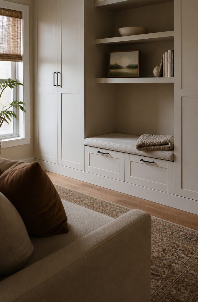 Floor-to-ceiling storage cabinet with closed compartments and open display shelves