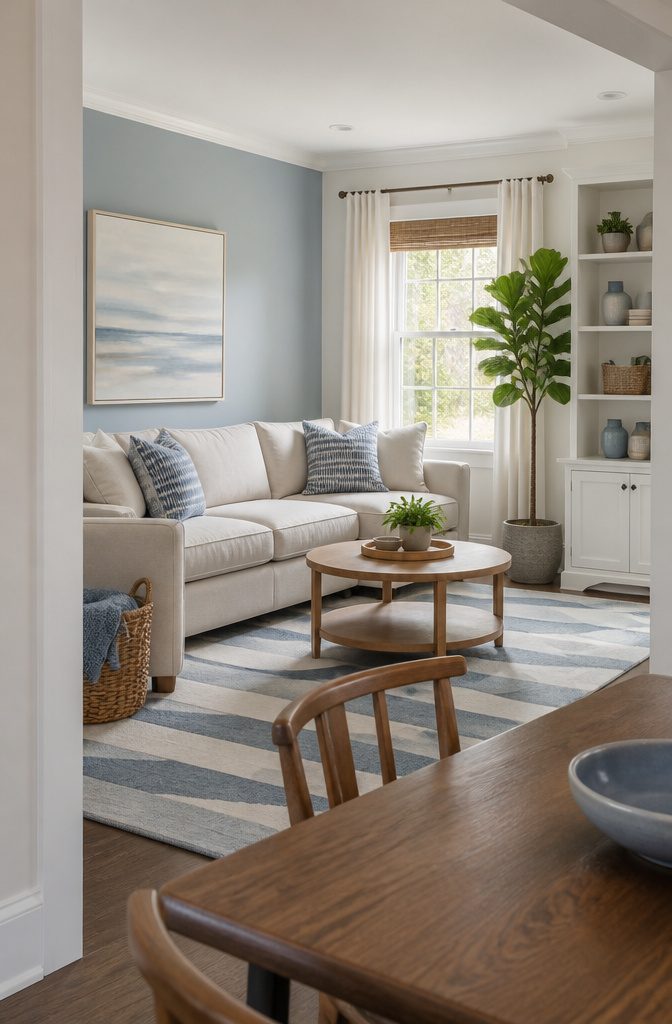 Small family room with pale blue wall beige furnishings and a geometric striped rug