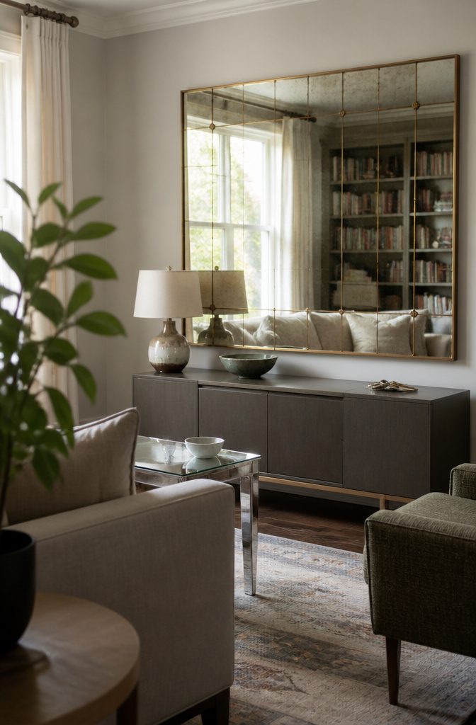 Large gold-detailed mirror above a credenza reflecting a window and pale curtains