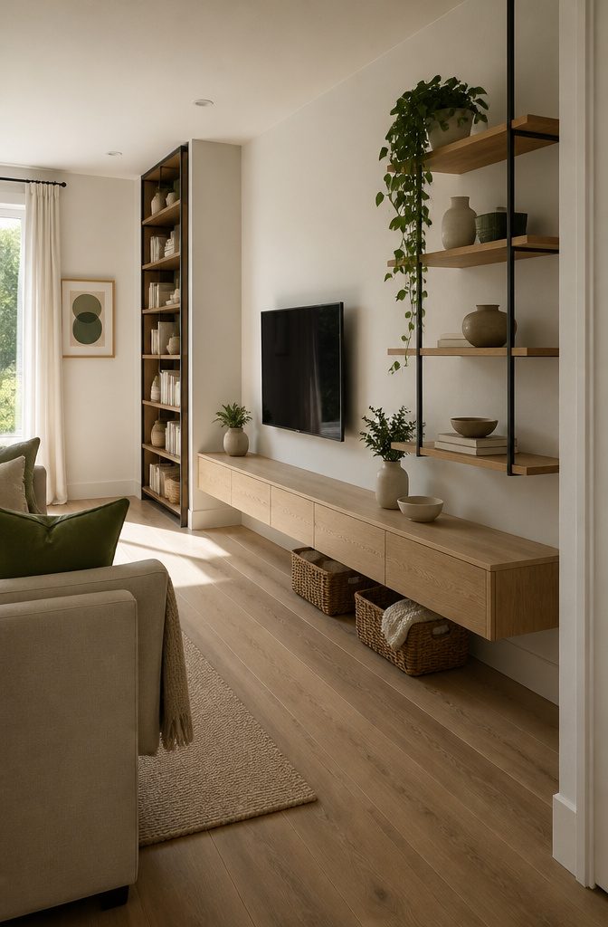 Wall-mounted storage unit with woven baskets below and a narrow bookcase behind a sofa