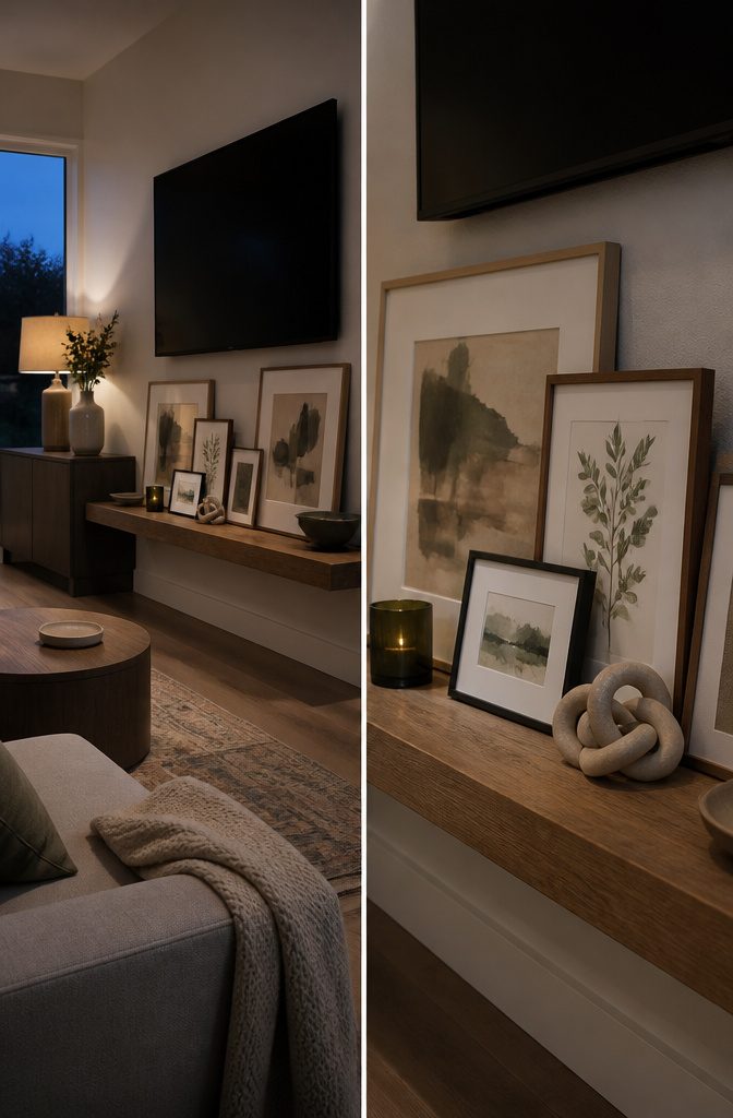 How to Decorate a Floating Shelf Under Your TV: 4 Ideas 5 Several overlapping framed prints and family photos arranged on a floating shelf