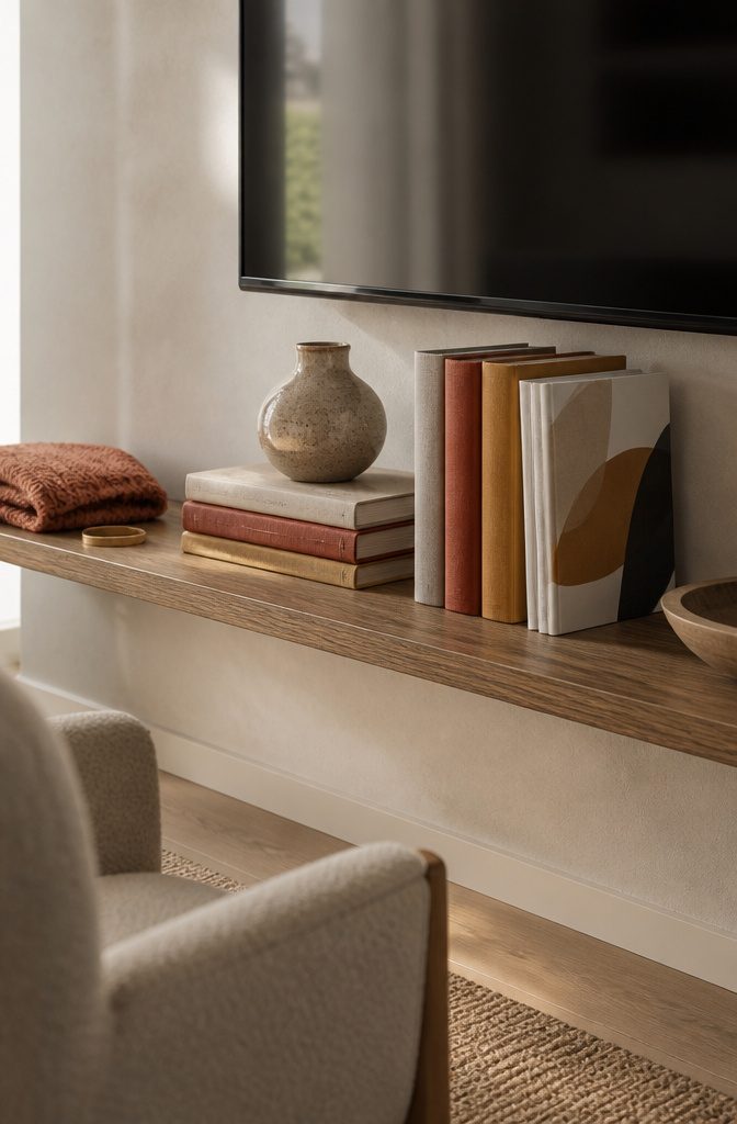 How to Decorate a Floating Shelf Under Your TV: 4 Ideas 3 Books and magazines arranged on a floating shelf below a television