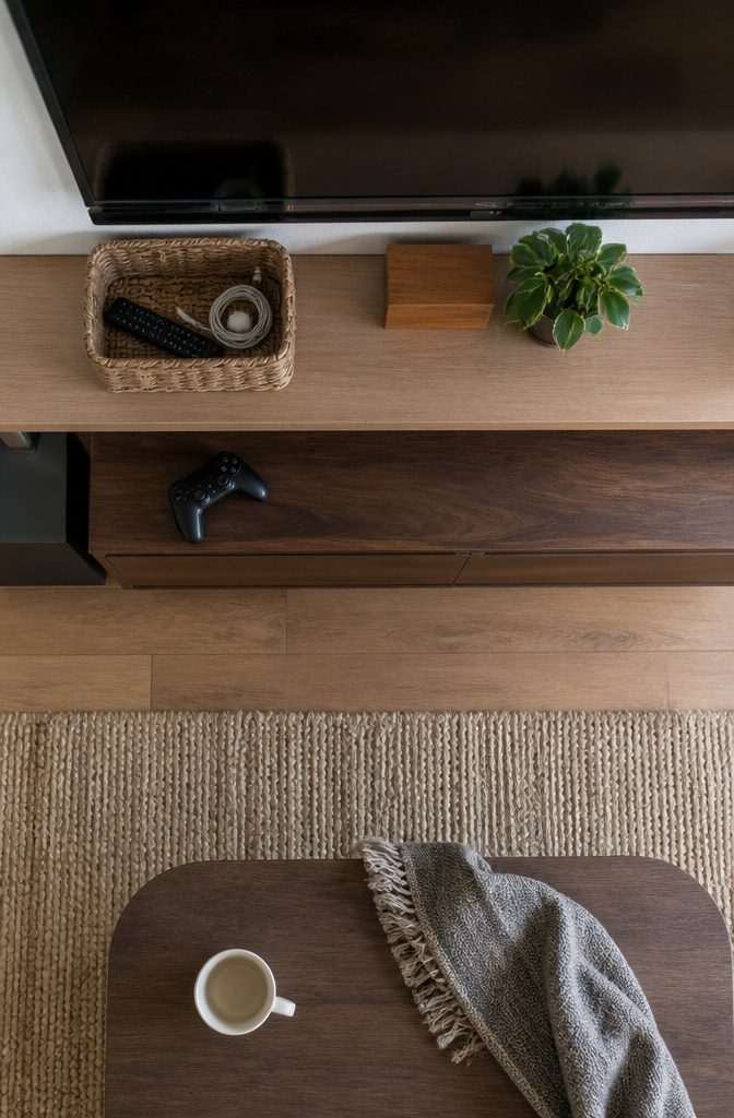 How to Decorate a Floating Shelf Under Your TV: 4 Ideas 6 Low woven basket beside small decorative objects on a floating shelf under a TV