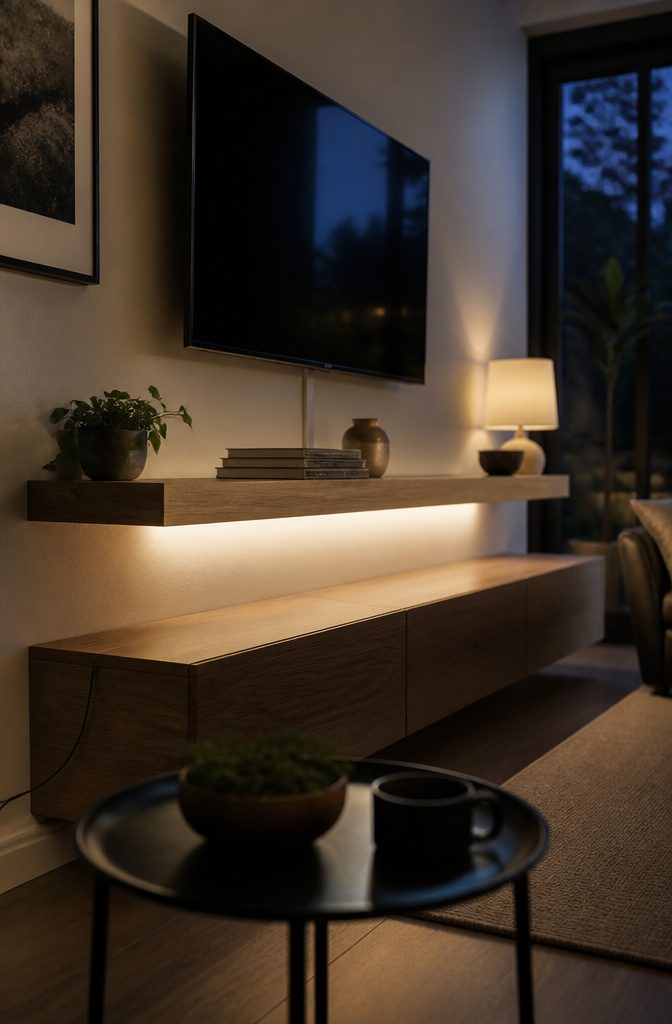 How to Decorate a Floating Shelf Under Your TV: 4 Ideas 9 Wood floating shelf with underside LED strip and television cables concealed in a wall channel