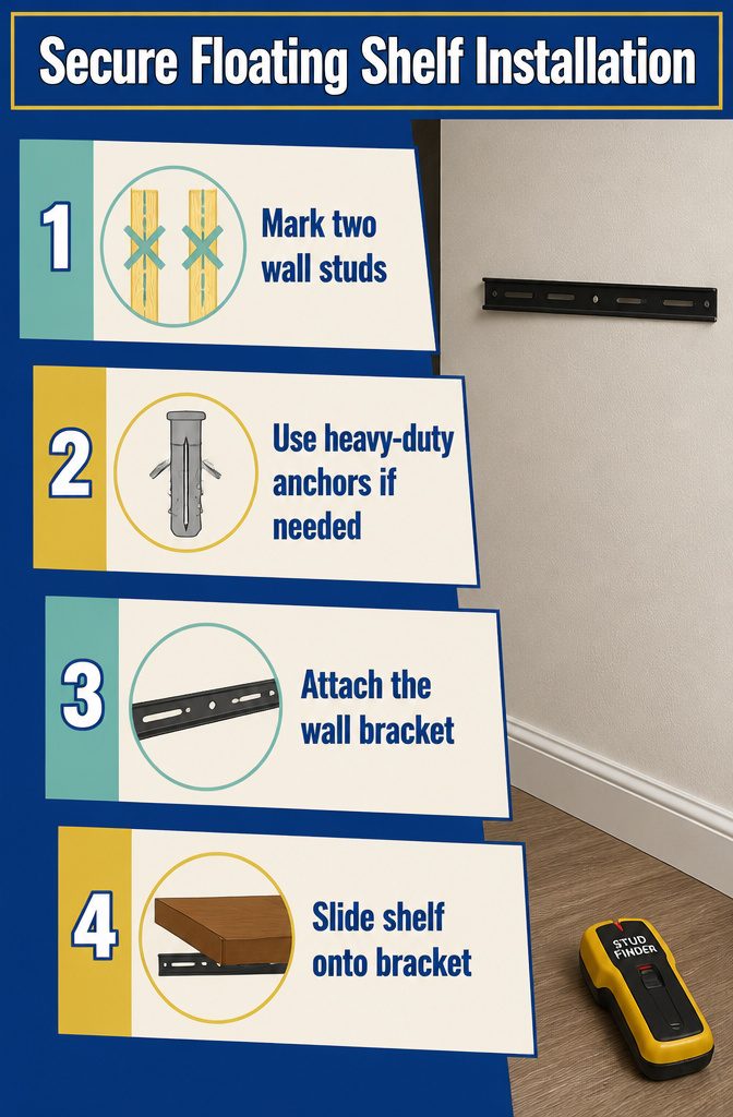 How to Decorate a Floating Shelf Under Your TV: 4 Ideas 8 Metal wall bracket and matching strip mounted to support a floating shelf