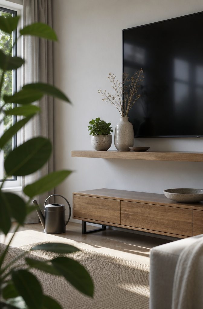 How to Decorate a Floating Shelf Under Your TV: 4 Ideas 4 Small potted succulent and ceramic vase with dried branches beside a television
