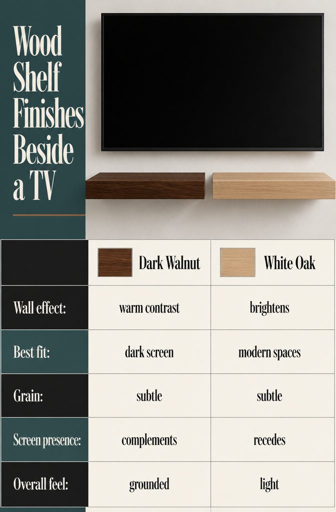 How to Decorate a Floating Shelf Under Your TV: 4 Ideas 7 Wood shelf finish samples in different tones beside a television