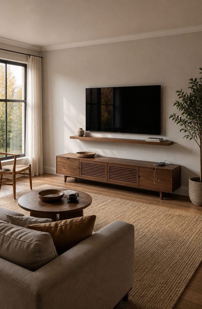 How to Decorate a Floating Shelf Under Your TV: 4 Ideas 2 Television above a floating shelf and console with the shelf extending past the screen