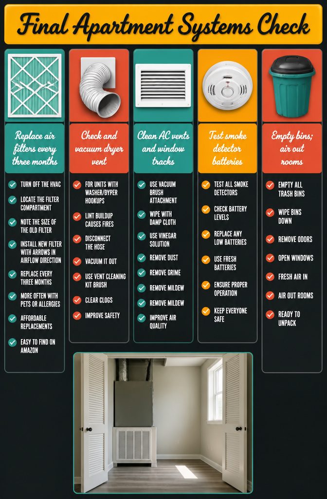 Apartment systems checklist featuring air filters vents and smoke detectors