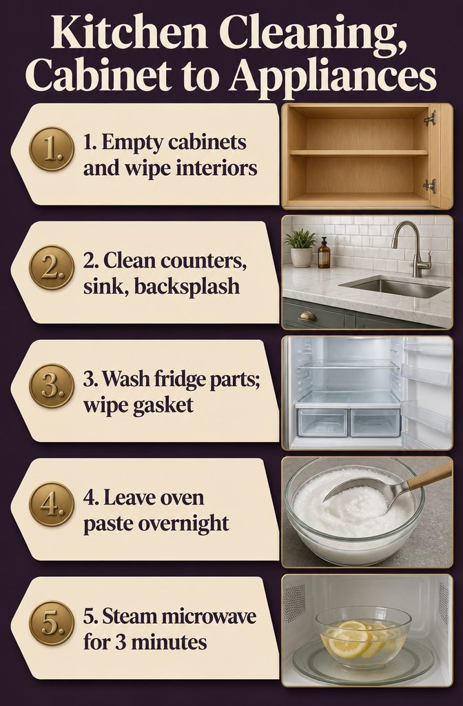 Kitchen cleaning supplies arranged beside cabinets and appliances