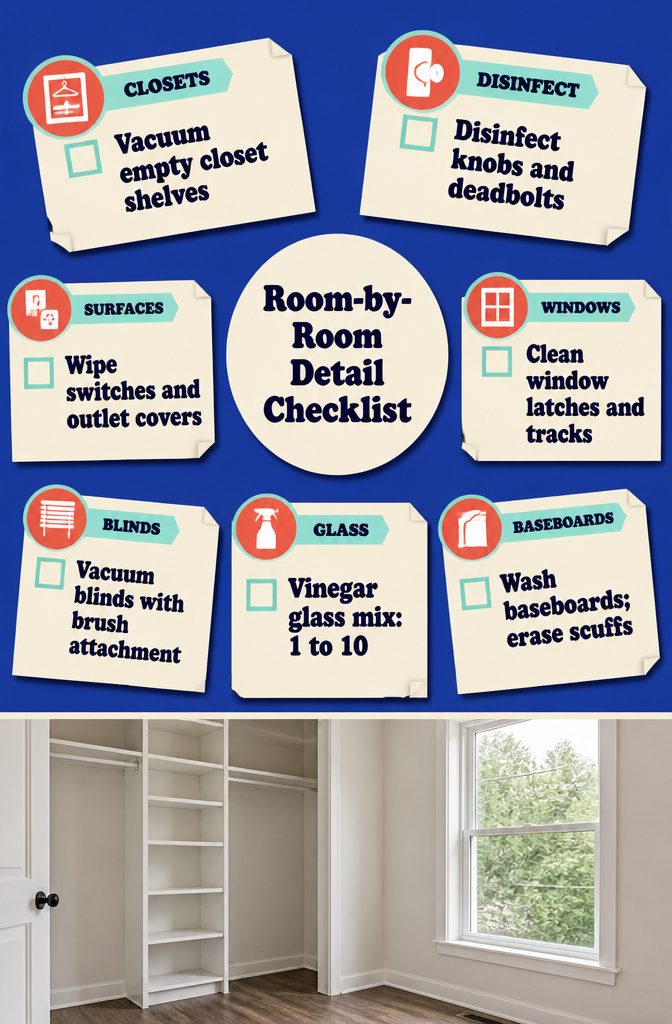 Checklist of room details including shelves windows and handled surfaces