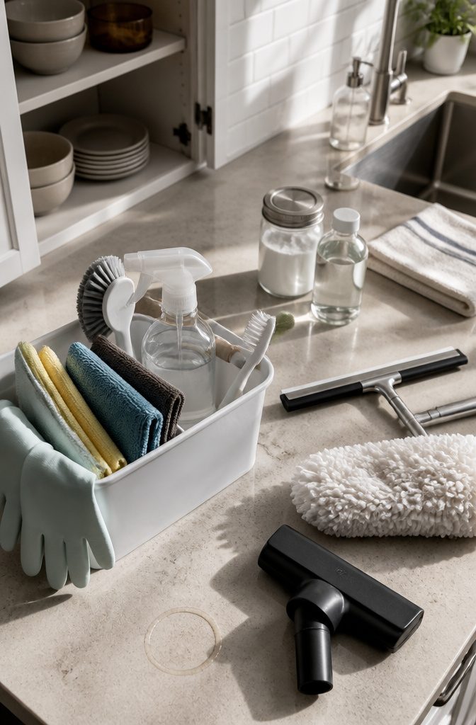 Cleaning caddy with microfiber cloths brushes gloves vinegar and vacuum attachment