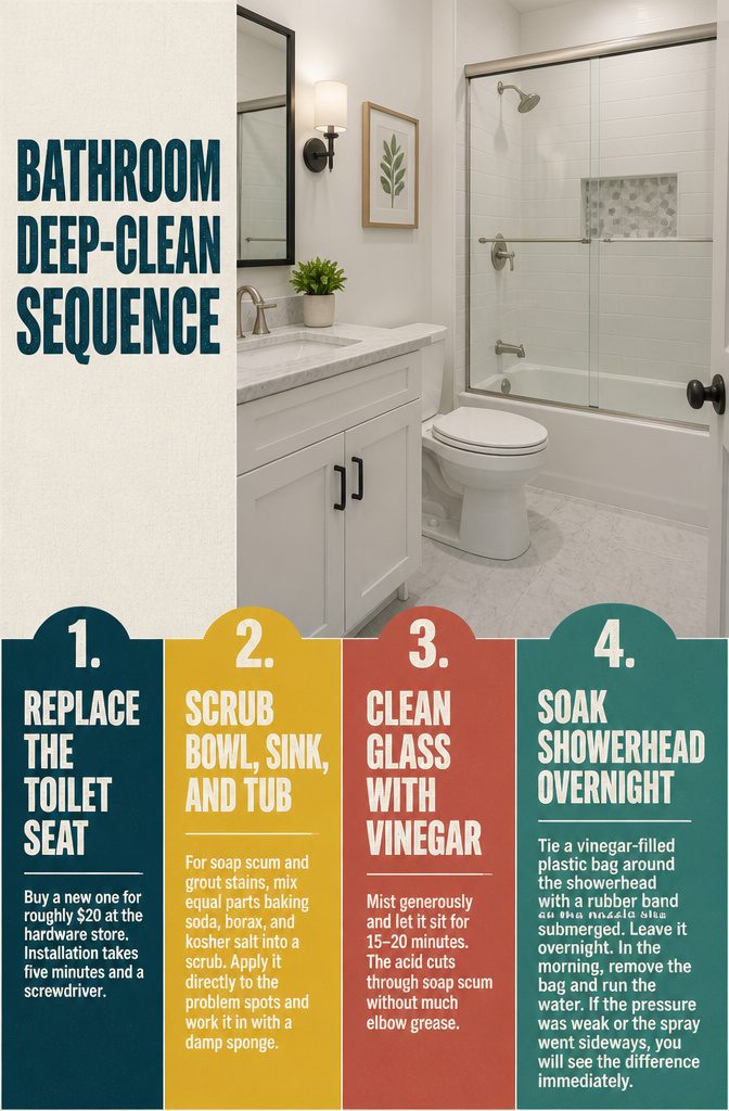 Bathroom cleaning sequence with toilet sink and tub