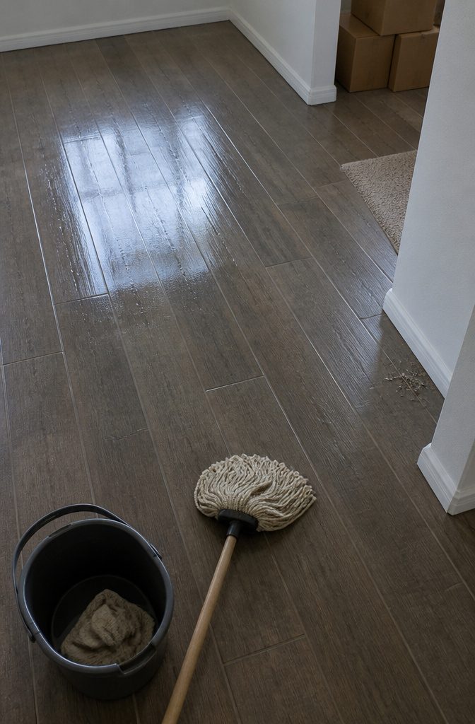 Person cleaning an apartment floor with a mop and vacuum nearby