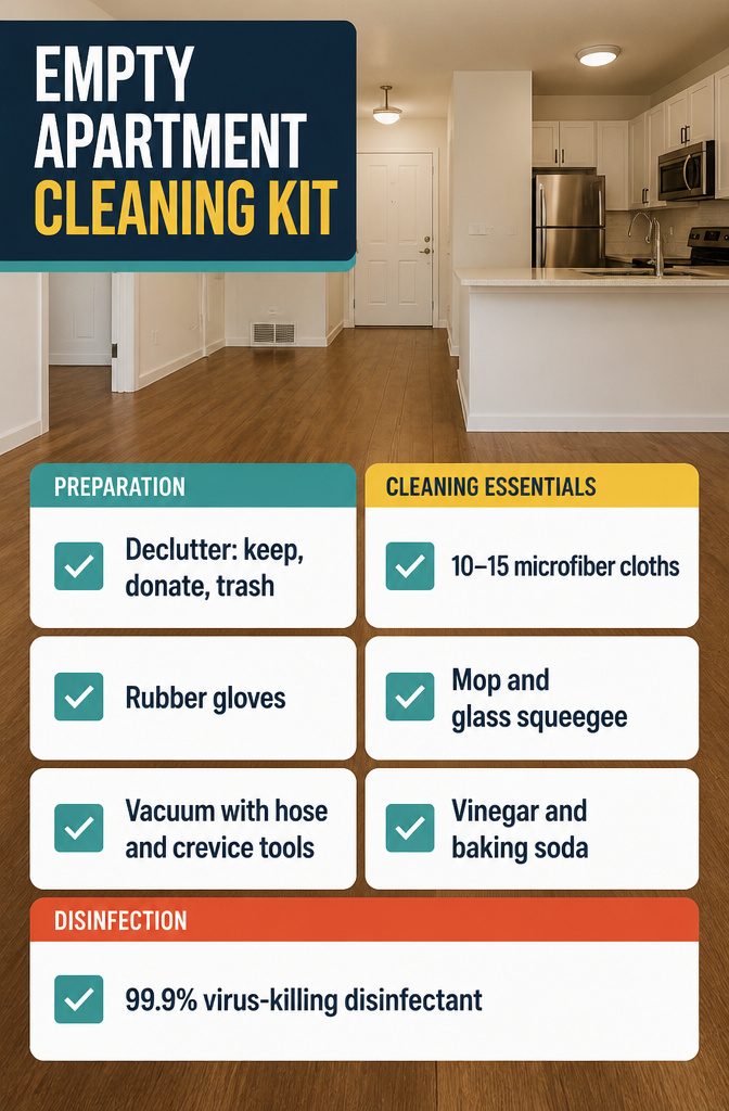 Cleaning supplies arranged for an empty apartment with cloths and tools