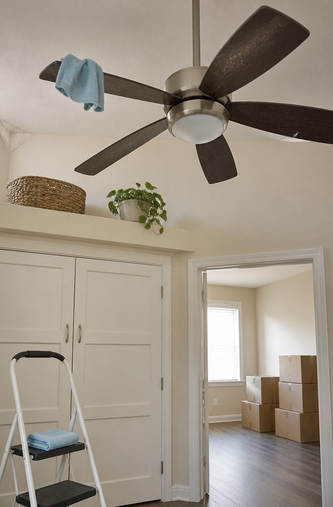 Person dusting a ceiling fan with a long-handled duster