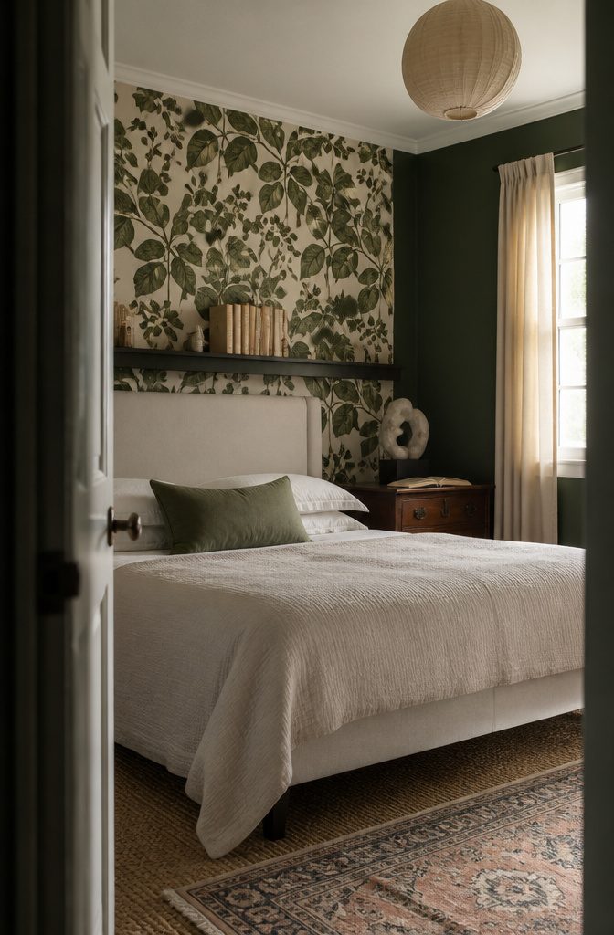 16 Ways to Design a Guest Bedroom That Feels Inviting 13 Guest bedroom with foliage wallpaper, green walls, books, and an antique chest.