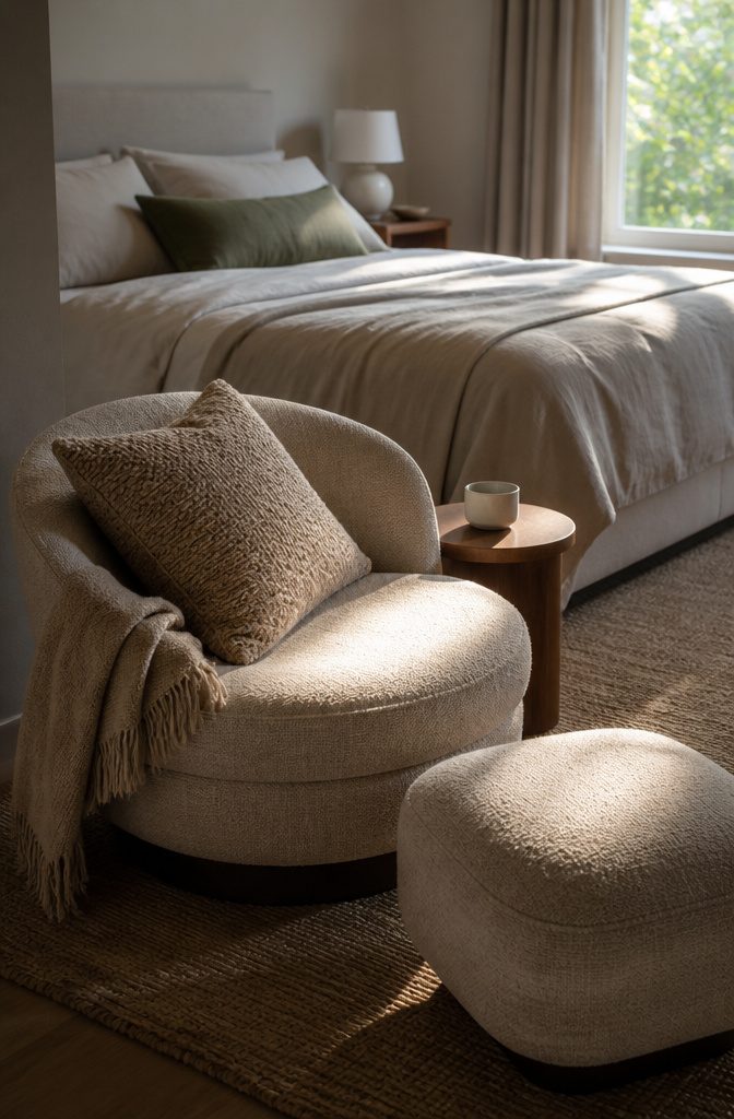16 Ways to Design a Guest Bedroom That Feels Inviting 7 Guest bedroom with an armchair beside a neatly made bed and soft bedding.