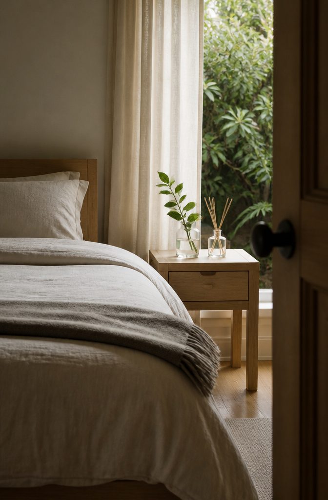 16 Ways to Design a Guest Bedroom That Feels Inviting 16 Nightstand with a glass reed diffuser and a vase of fresh green clippings.