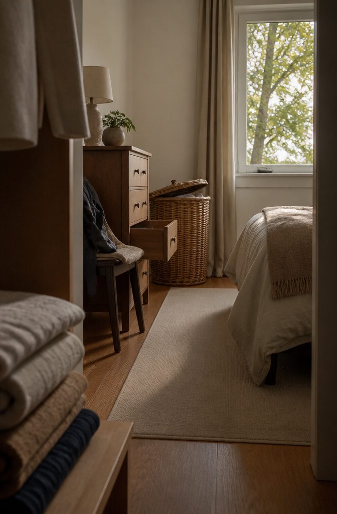 16 Ways to Design a Guest Bedroom That Feels Inviting 17 Guest bedroom with an open dresser drawer and a lidded woven laundry basket.