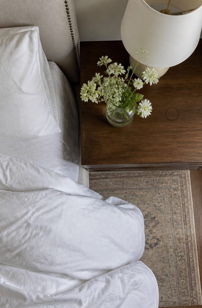 16 Ways to Design a Guest Bedroom That Feels Inviting 10 Guest bedroom nightstand with a small vase of fresh green stems.