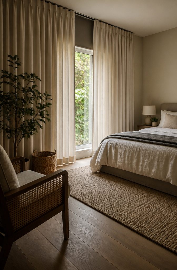 16 Ways to Design a Guest Bedroom That Feels Inviting 12 Guest bedroom window with blackout shades and floor-length drapes beside the bed.