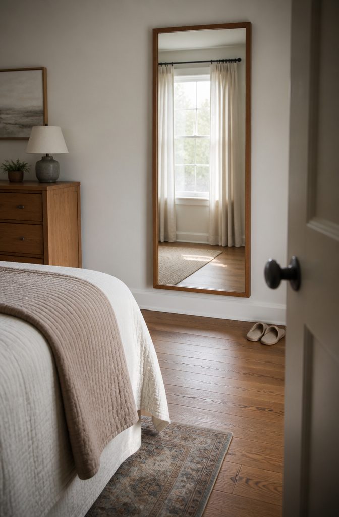 16 Ways to Design a Guest Bedroom That Feels Inviting 9 Full-length mirror leaning against a guest bedroom wall beside the bed.
