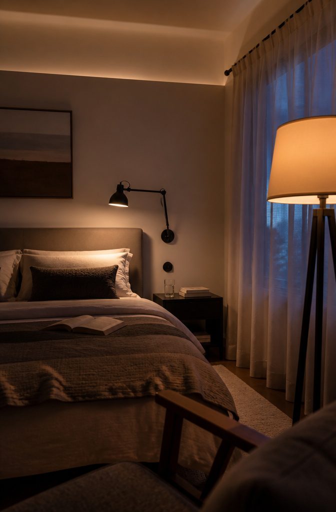 16 Ways to Design a Guest Bedroom That Feels Inviting 6 Bedside wall sconce with an articulated arm above a black nightstand and books.
