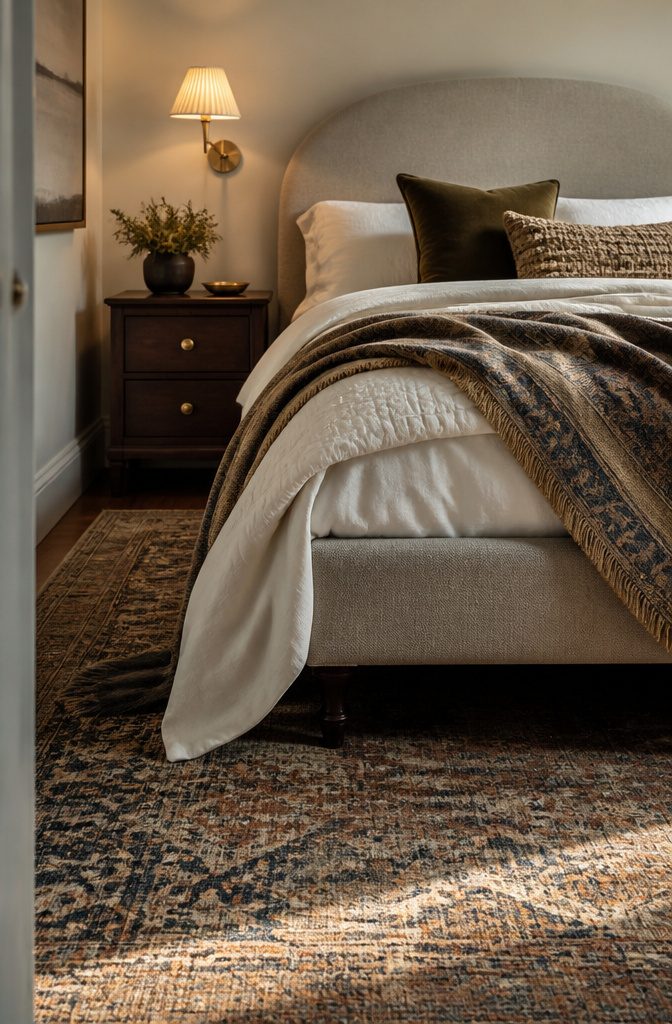 16 Ways to Design a Guest Bedroom That Feels Inviting 11 Guest bed with layered white bedding, patterned throw, velvet pillow, and vintage rug.