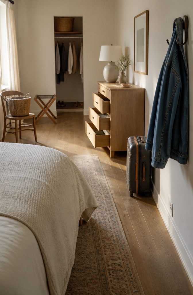 16 Ways to Design a Guest Bedroom That Feels Inviting 5 Guest bedroom with an open three-drawer dresser, wall hooks, basket, and luggage rack.