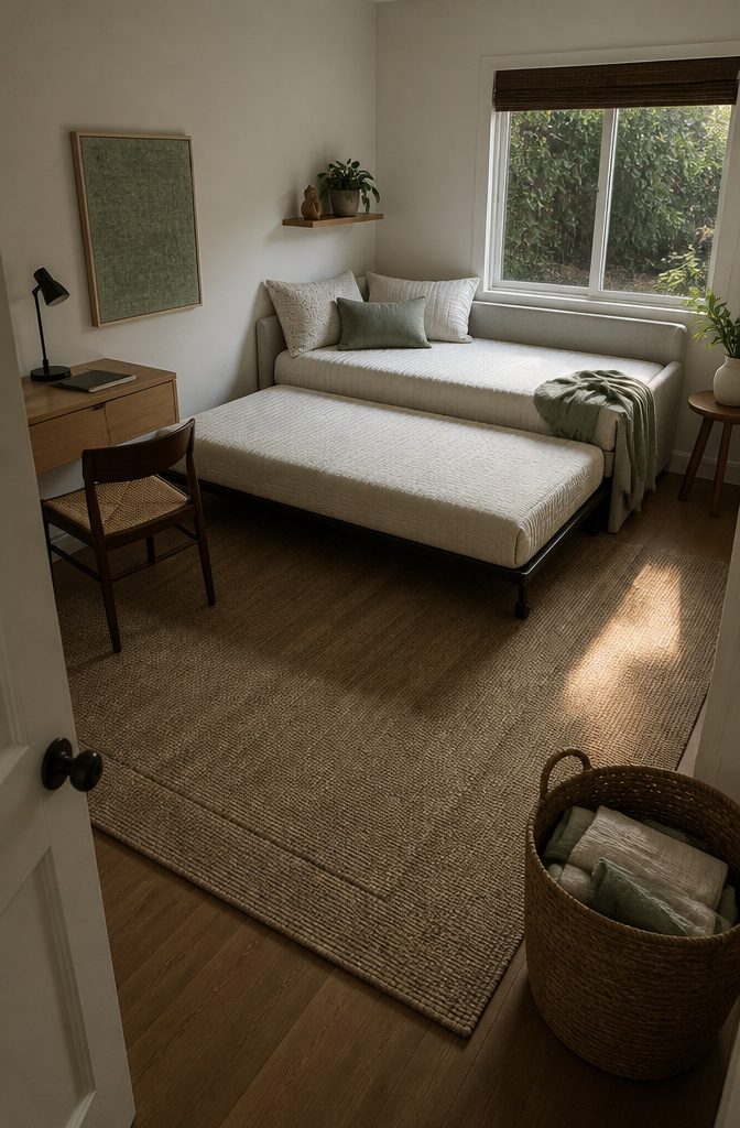 16 Ways to Design a Guest Bedroom That Feels Inviting 4 Guest room with a daybed against the wall and a desk that folds flat.