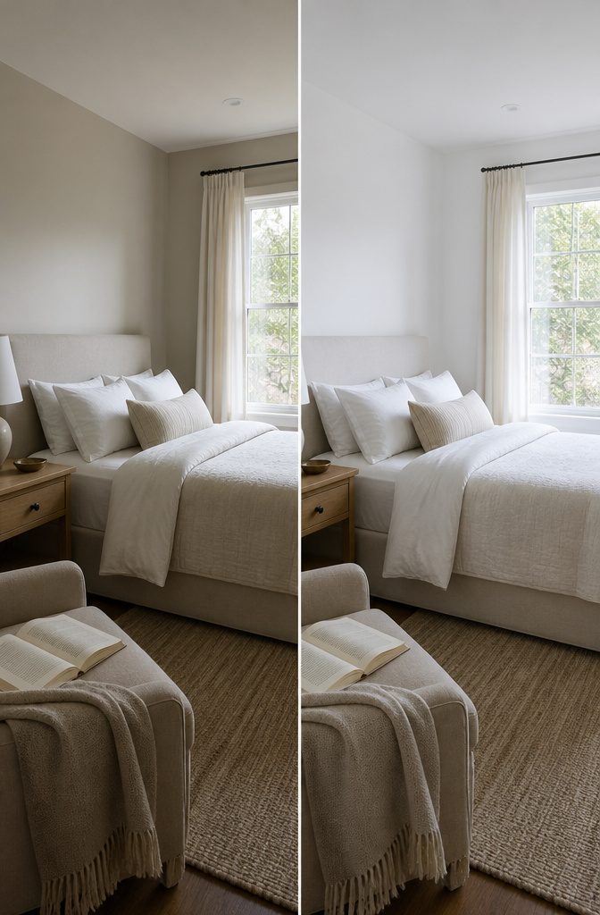 16 Ways to Design a Guest Bedroom That Feels Inviting 3 Guest bedroom with soft white walls, pale bedding, and a simple bedside table.