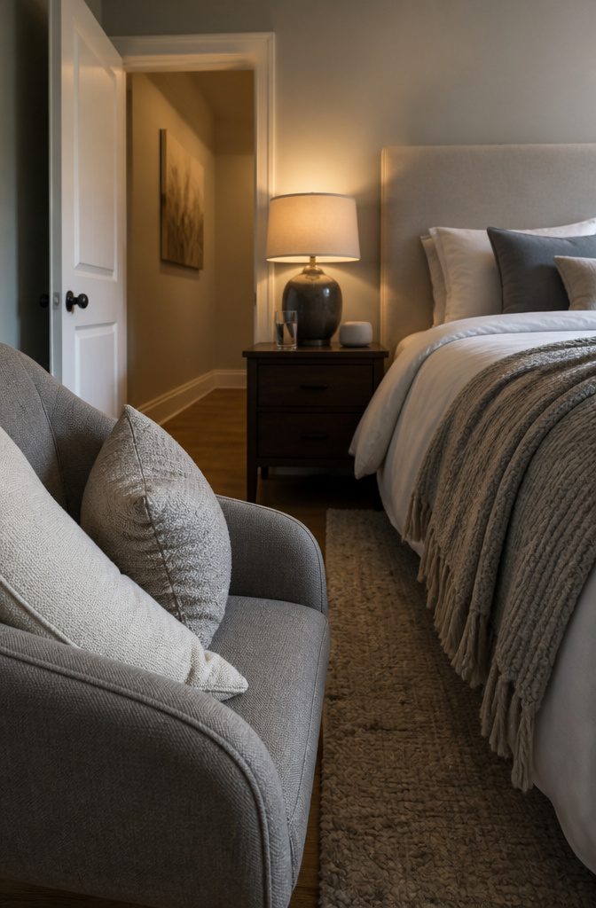 16 Ways to Design a Guest Bedroom That Feels Inviting 15 Guest bedroom nightstand with a white noise machine and water beside a cushioned chair.