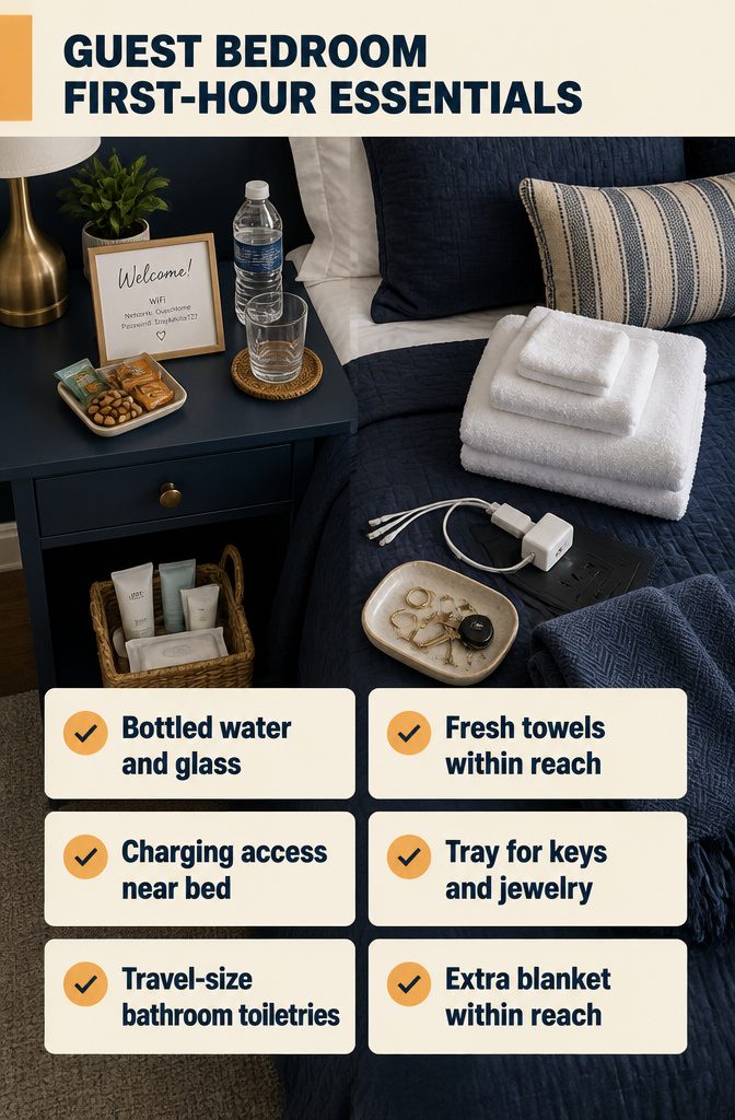 16 Ways to Design a Guest Bedroom That Feels Inviting 8 Bedside tray with bottled water, a glass, snacks, and a welcome note.