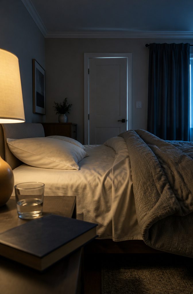 16 Ways to Design a Guest Bedroom That Feels Inviting 20 Guest bed with layered sheets, folded duvet, bedside book, water glass, and closed curtains.