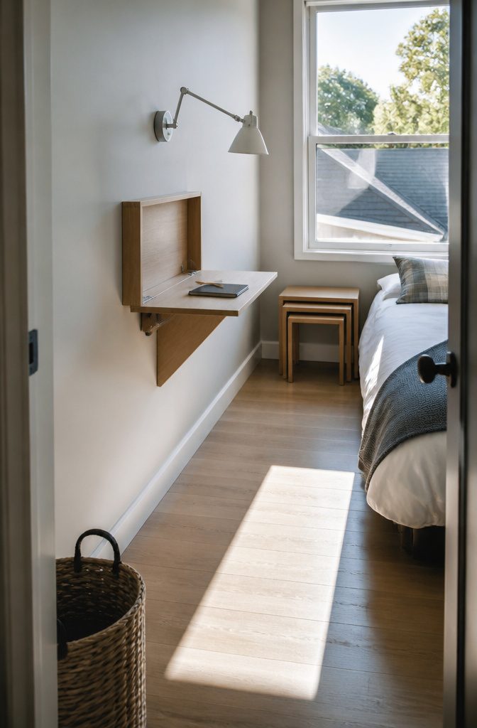 16 Ways to Design a Guest Bedroom That Feels Inviting 14 Small guest room with a wall-mounted desk folded flat against the wall.