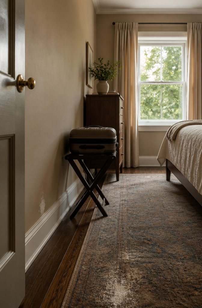 16 Ways to Design a Guest Bedroom That Feels Inviting 19 Guest bedroom doorway with a suitcase on a luggage rack beside a painted wall.
