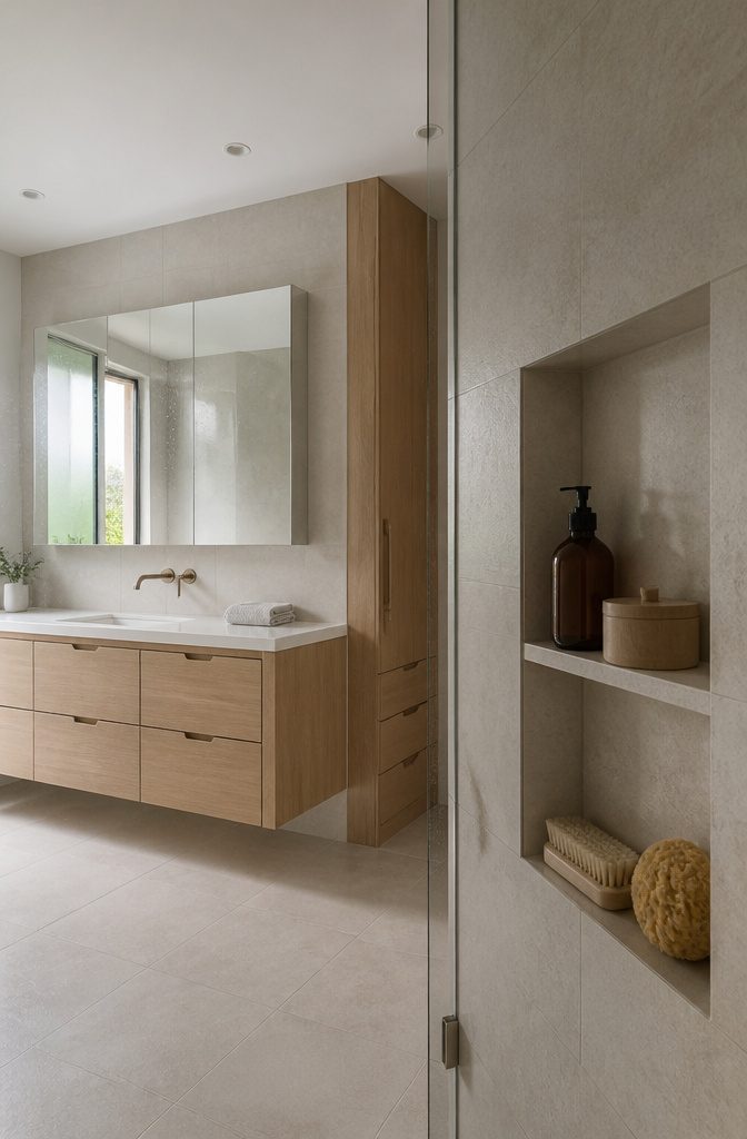 Bathroom interior photographed for an article about bathroom storage