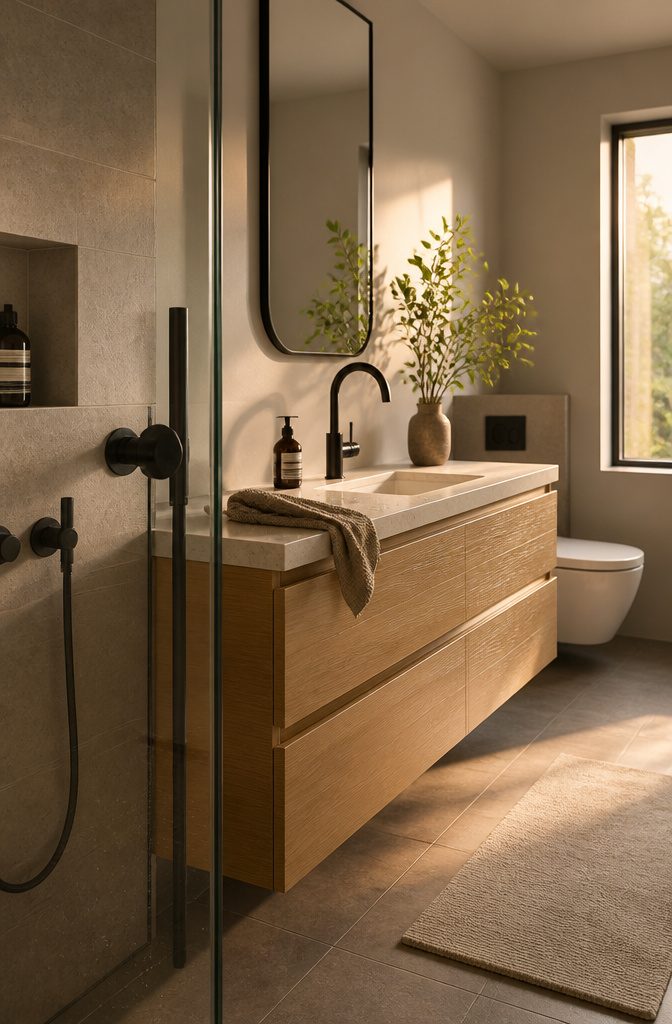Bathroom interior photographed for an article about fixtures and finishes