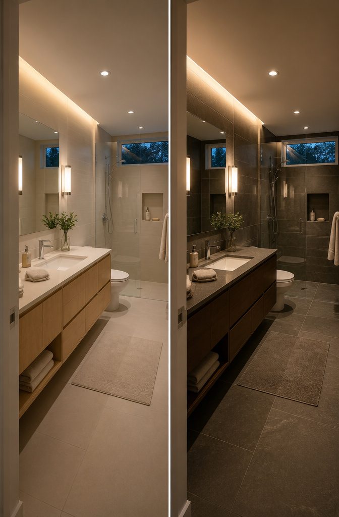 Bathroom interior photographed for an article about bathroom lighting