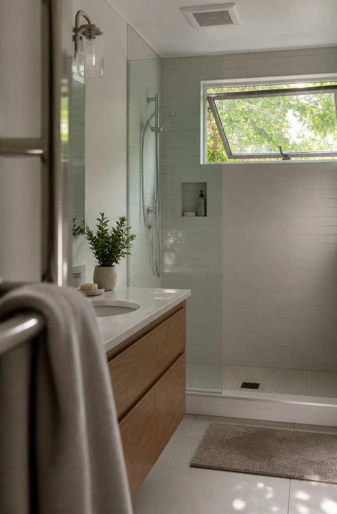 Bathroom with a ceiling exhaust fan above the shower and a leafy window