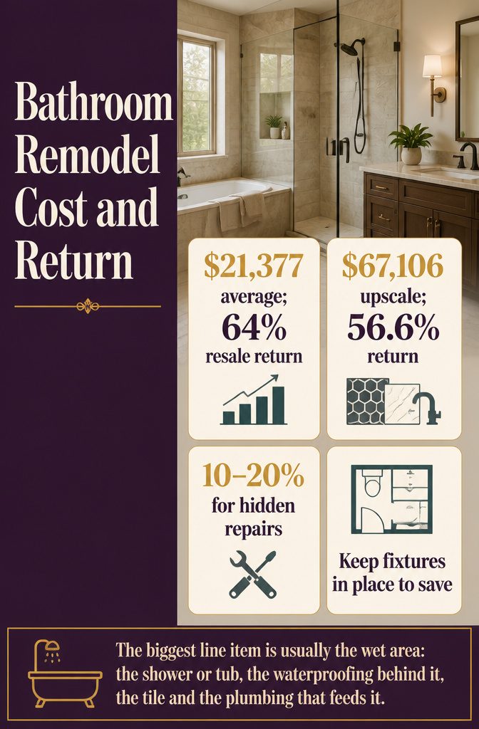 Bathroom remodel cost and return infographic with mid-range and upscale figures