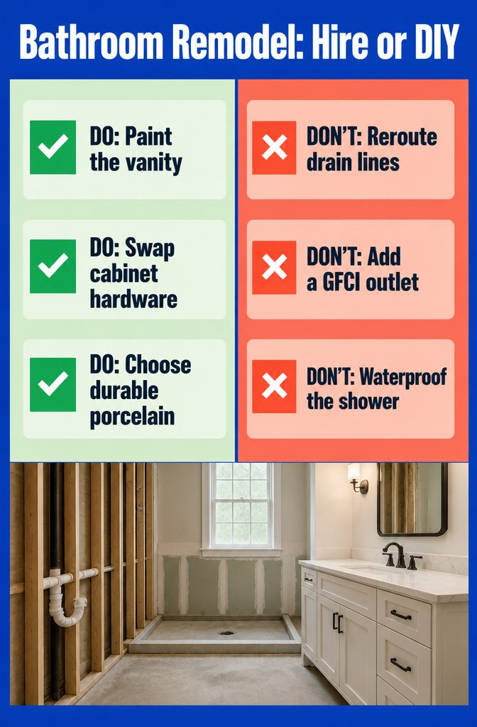 Bathroom remodel hire-or-DIY infographic about choosing professional help