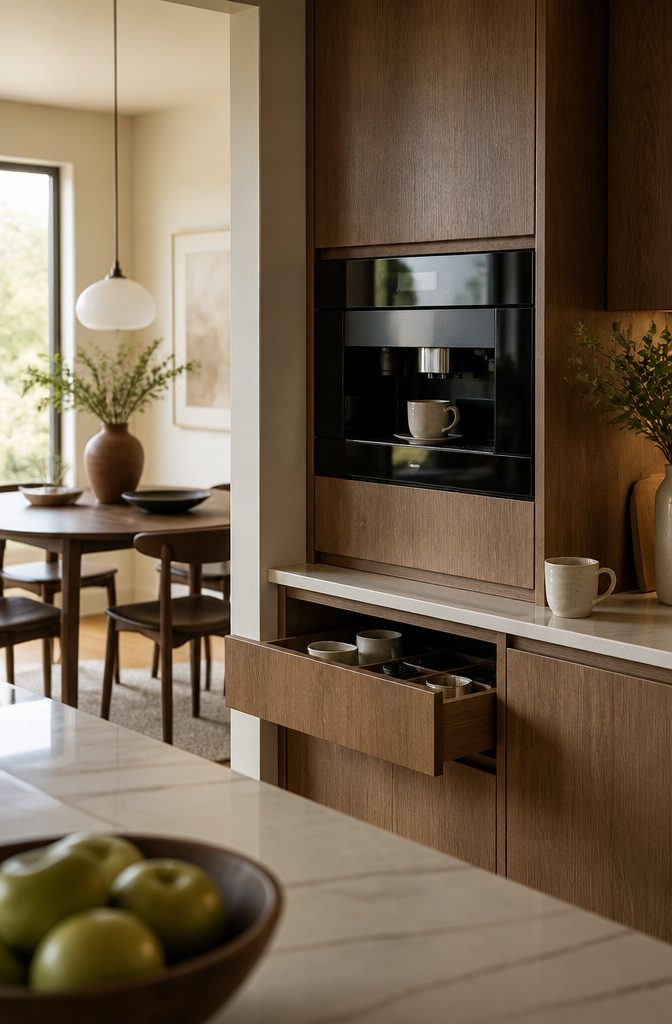 24 Modern Coffee Bar Design Ideas for Any Home Layout 19 Built-in coffee machine in upper cabinets above a drawer for cups