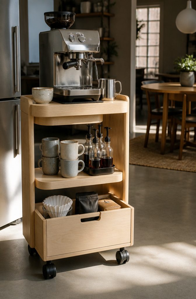 24 Modern Coffee Bar Design Ideas for Any Home Layout 8 Rolling coffee cart with a machine mugs and supplies on its shelves