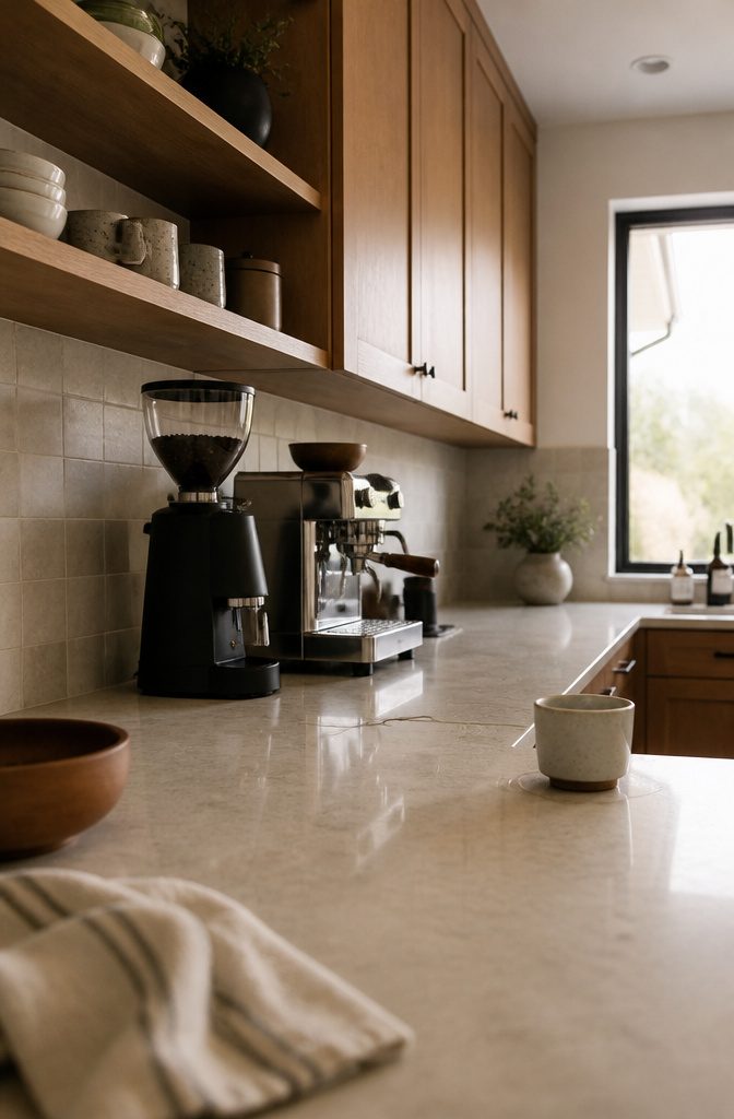 24 Modern Coffee Bar Design Ideas for Any Home Layout 24 Espresso machine and grinder positioned against a backsplash with clear counter space